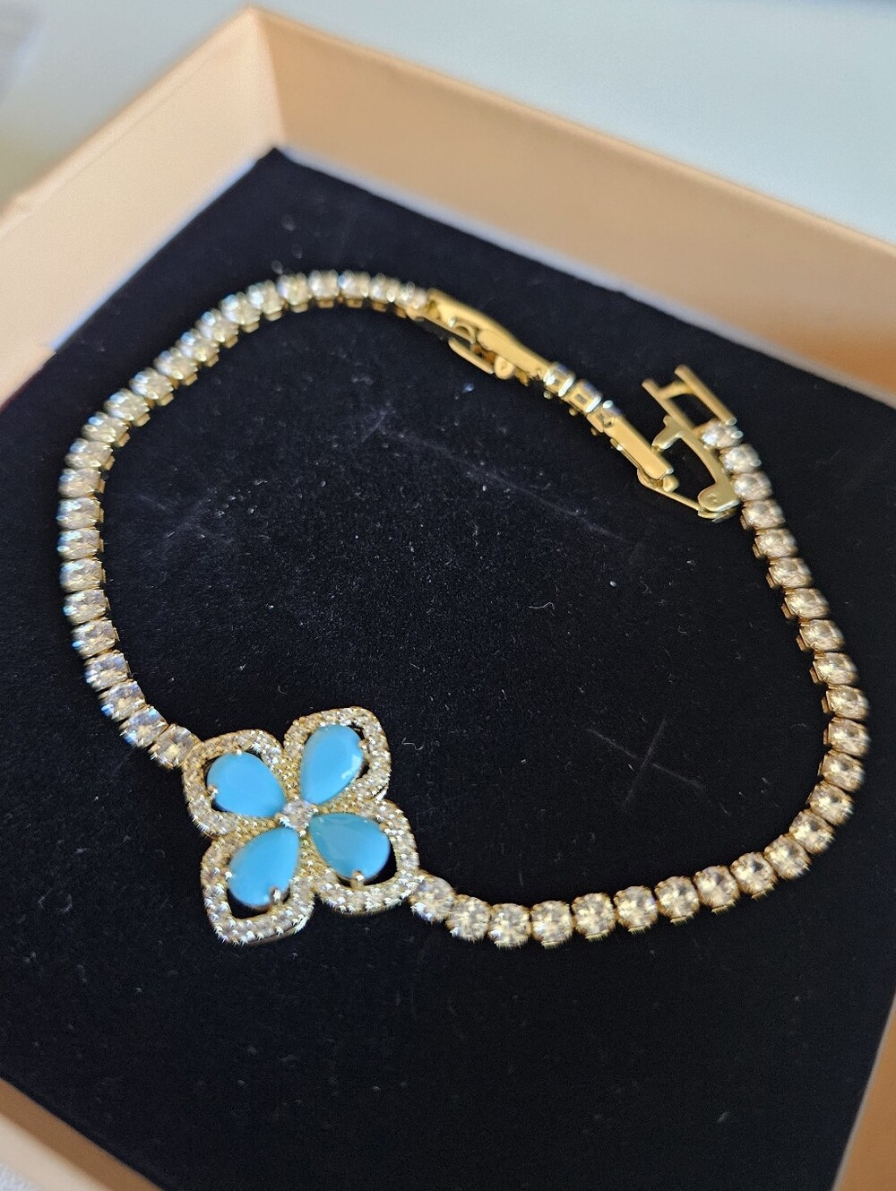 Gold Plated Blue Clover & CZ Tennis Bracelet